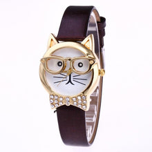 Genvivia High Quality Top Women Watches Cute Glasses Cat Women Analog relogio QuartzDial Thin LeatheWristwatch relogio feminino