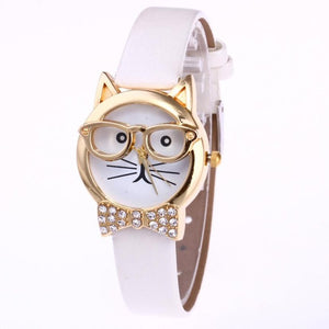 Genvivia High Quality Top Women Watches Cute Glasses Cat Women Analog relogio QuartzDial Thin LeatheWristwatch relogio feminino