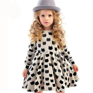 Girls Black Dress Cartoon Long Sleeved Black Stamp Elastic Pleated Comfortable Dress Stitching Girl Dress Cartoon Cat Dresses