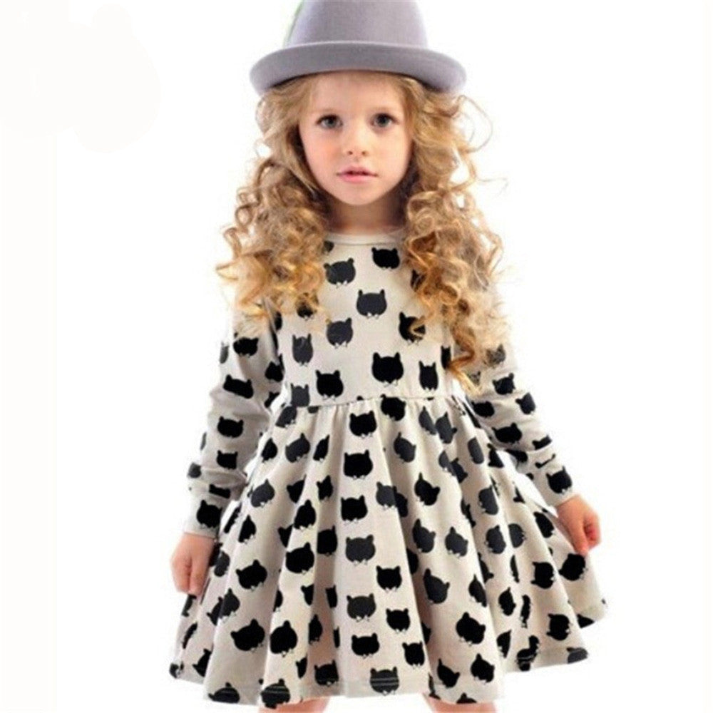 Girls Black Dress Cartoon Long Sleeved Black Stamp Elastic Pleated Comfortable Dress Stitching Girl Dress Cartoon Cat Dresses