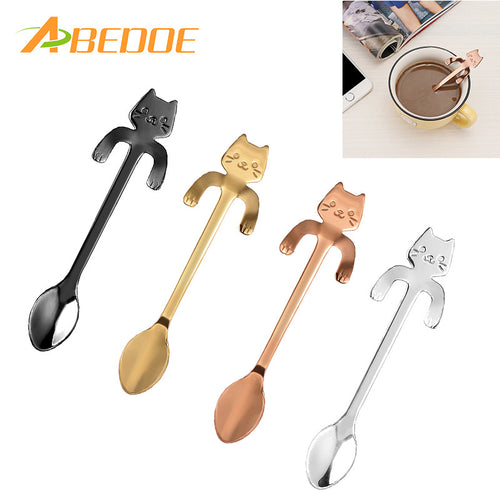 ABEDOE 1 pcs Stainless Steel Cat Coffee Spoon Dessertspoon Food Grade ice cream candy teaspoon Kitchen Supplies tableware