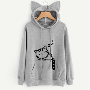 Womens Cat Long Sleeve Hoodie Sweatshirt Hooded Pullover Tops Blouse